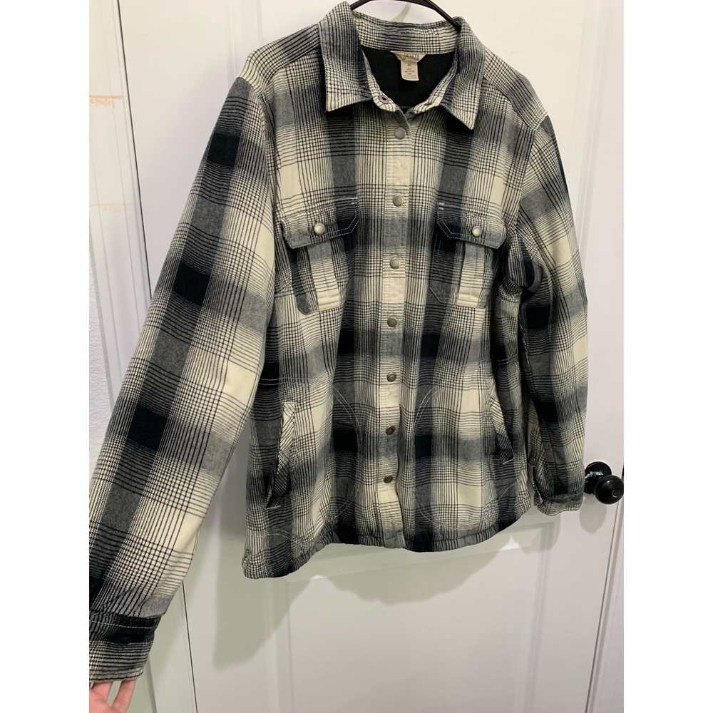 Duluth Trading Co Fleece Lined Plaid Flannel Shirt Jacket Black White Mens XL